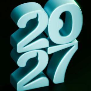 The number 2027 in three-dimensional light blue digits against a dark background